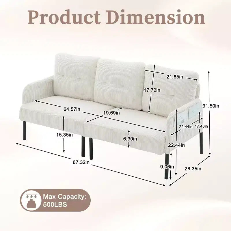 Oversized Modern Loveseat Sofa, 2-Seater Corduroy Couch with Metal Legs &amp; Side Pockets for Living Room, Bedroom, Dorm, or Apartment