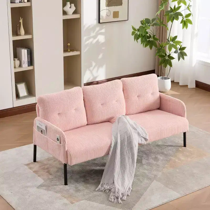 Oversized Modern Loveseat Sofa, 2-Seater Corduroy Couch with Metal Legs &amp; Side Pockets for Living Room, Bedroom, Dorm, or Apartment