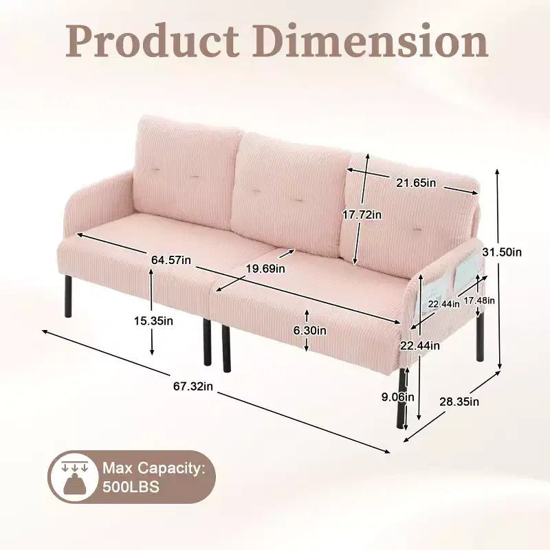 Oversized Modern Loveseat Sofa, 2-Seater Corduroy Couch with Metal Legs &amp; Side Pockets for Living Room, Bedroom, Dorm, or Apartment