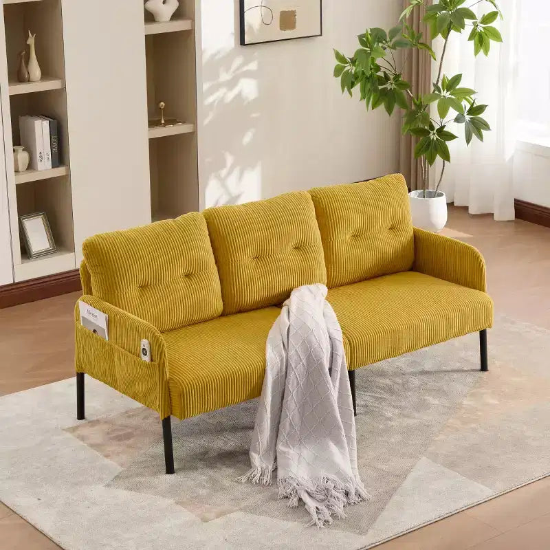Oversized Modern Loveseat Sofa, 2-Seater Corduroy Couch with Metal Legs &amp; Side Pockets for Living Room, Bedroom, Dorm, or Apartment