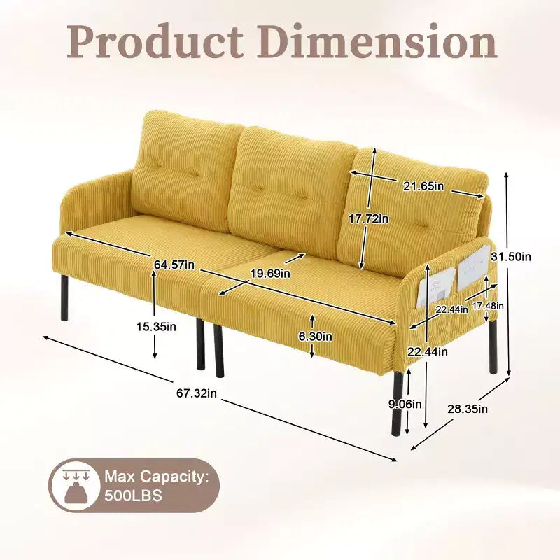 Oversized Modern Loveseat Sofa, 2-Seater Corduroy Couch with Metal Legs &amp; Side Pockets for Living Room, Bedroom, Dorm, or Apartment