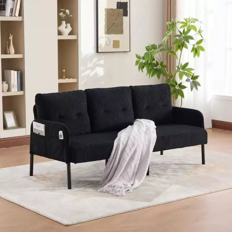 Oversized Modern Loveseat Sofa, 2-Seater Corduroy Couch with Metal Legs &amp; Side Pockets for Living Room, Bedroom, Dorm, or Apartment