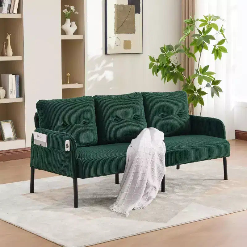 Oversized Modern Loveseat Sofa, 2-Seater Corduroy Couch with Metal Legs &amp; Side Pockets for Living Room, Bedroom, Dorm, or Apartment