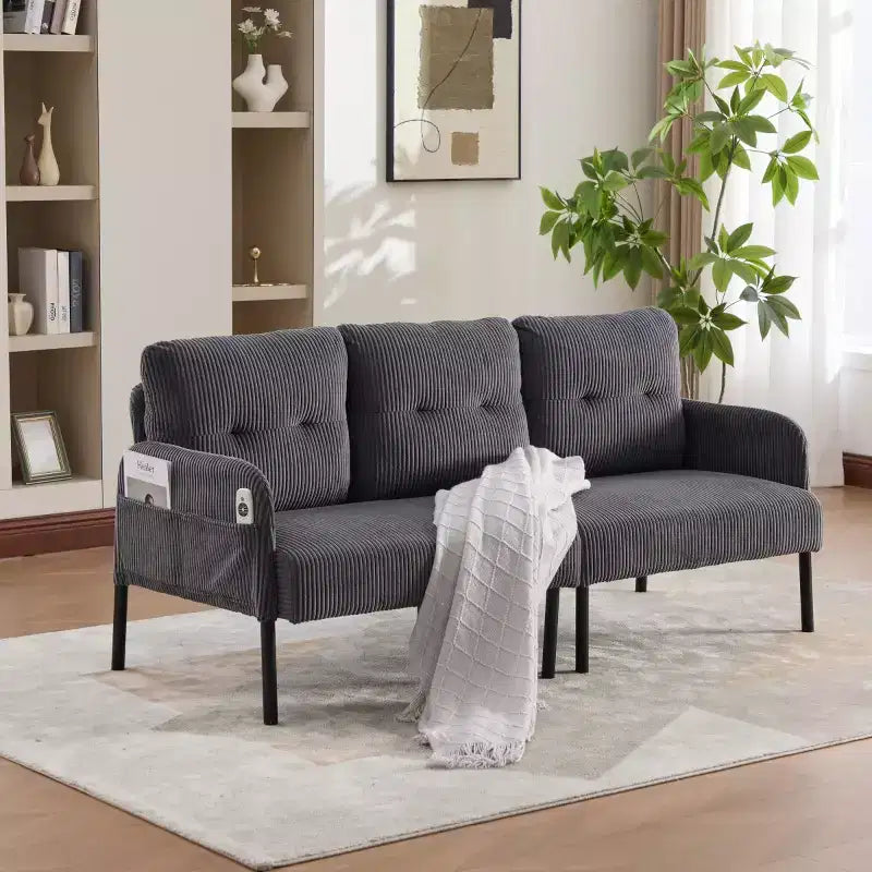 Oversized Modern Loveseat Sofa, 2-Seater Corduroy Couch with Metal Legs &amp; Side Pockets for Living Room, Bedroom, Dorm, or Apartment