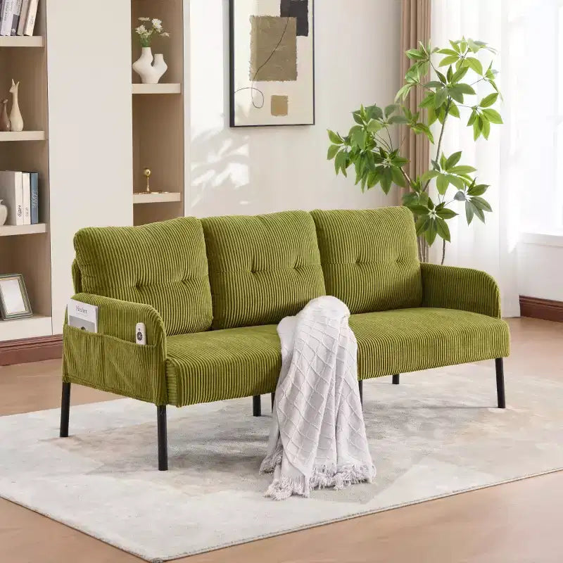 Oversized Modern Loveseat Sofa, 2-Seater Corduroy Couch with Metal Legs &amp; Side Pockets for Living Room, Bedroom, Dorm, or Apartment