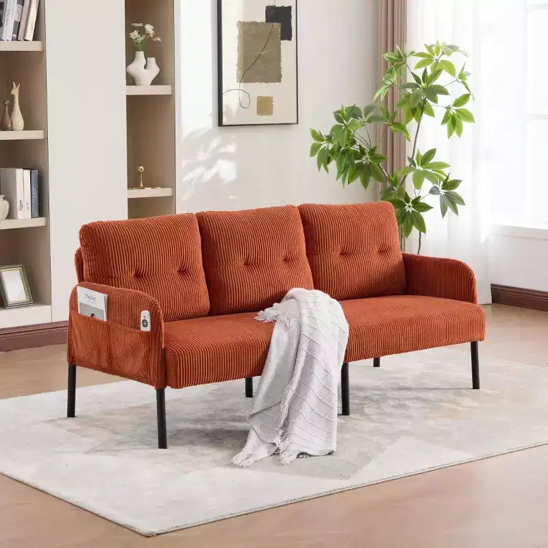 Oversized Modern Loveseat Sofa, 2-Seater Corduroy Couch with Metal Legs &amp; Side Pockets for Living Room, Bedroom, Dorm, or Apartment