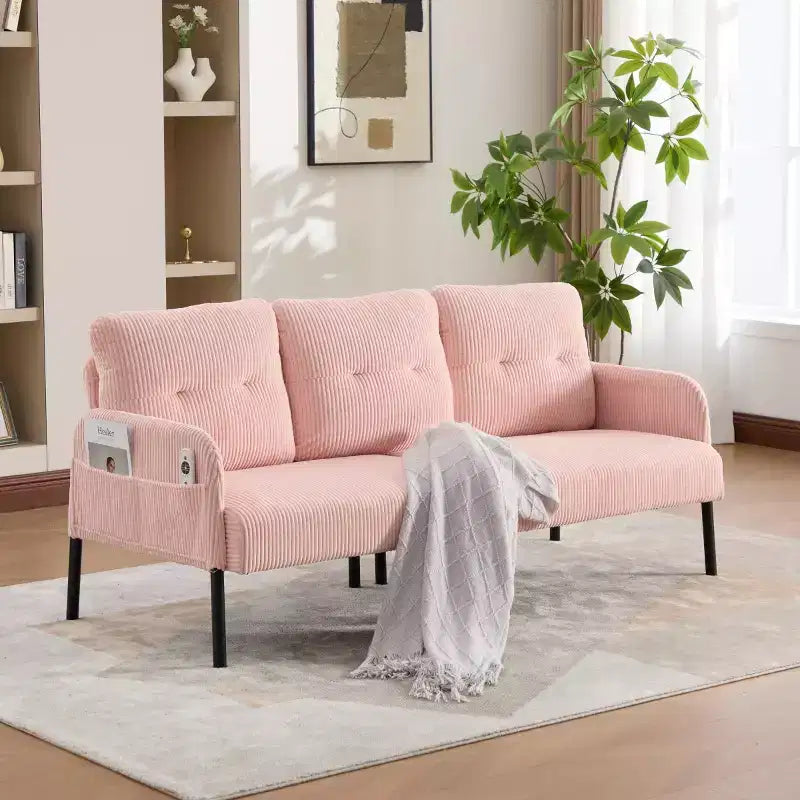 Oversized Modern Loveseat Sofa, 2-Seater Corduroy Couch with Metal Legs &amp; Side Pockets for Living Room, Bedroom, Dorm, or Apartment