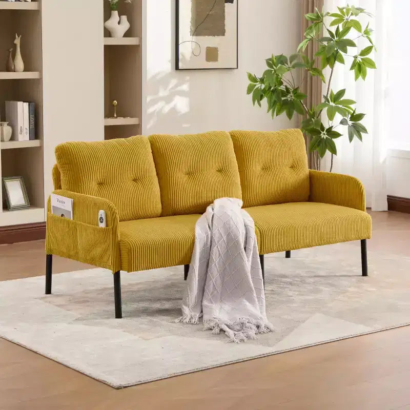 Oversized Modern Loveseat Sofa, 2-Seater Corduroy Couch with Metal Legs &amp; Side Pockets for Living Room, Bedroom, Dorm, or Apartment