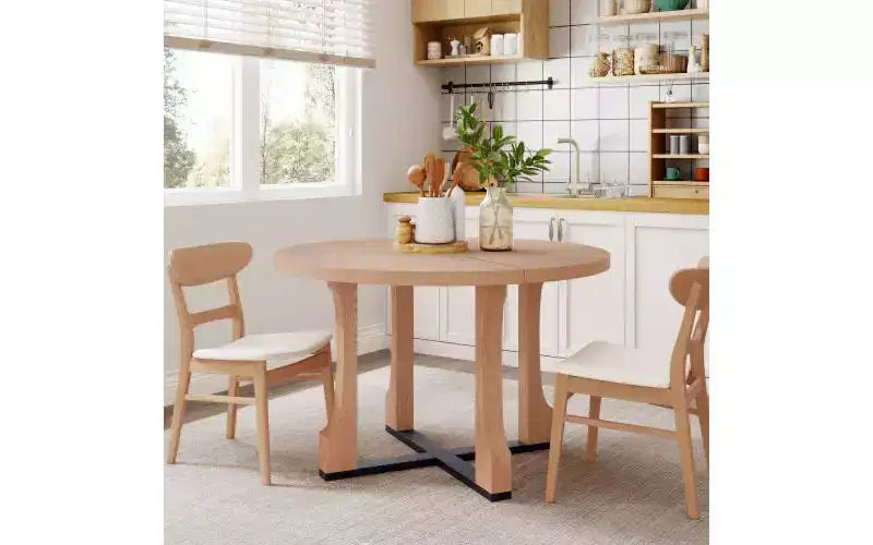 48 Circle Kitchen Table for 4,Scratch-resistant Dining Table with Trestle Base,Space-saving &amp; Compact Table for Dining Room