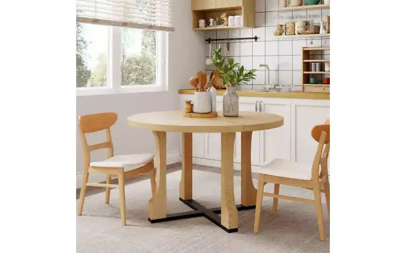 48 Circle Kitchen Table for 4,Scratch-resistant Dining Table with Trestle Base,Space-saving &amp; Compact Table for Dining Room