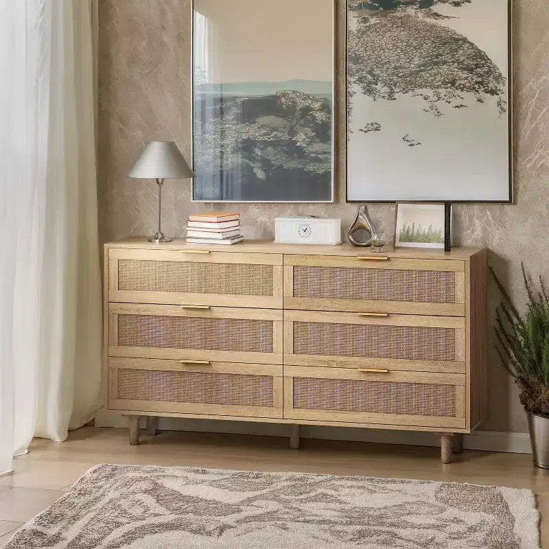 Mobile contenitore in legno da 51.18 pollici con 6 cassetti in rattan naturale, adatto a camere da letto e soggiorni, finitura naturale