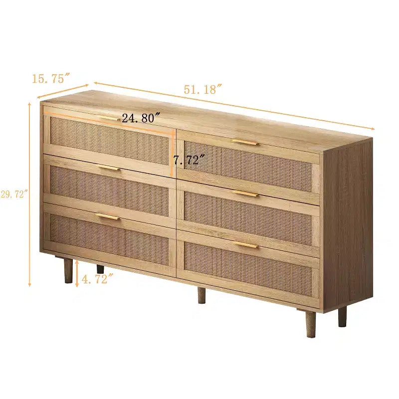 Mobile contenitore in legno da 51.18 pollici con 6 cassetti in rattan naturale, adatto a camere da letto e soggiorni, finitura naturale