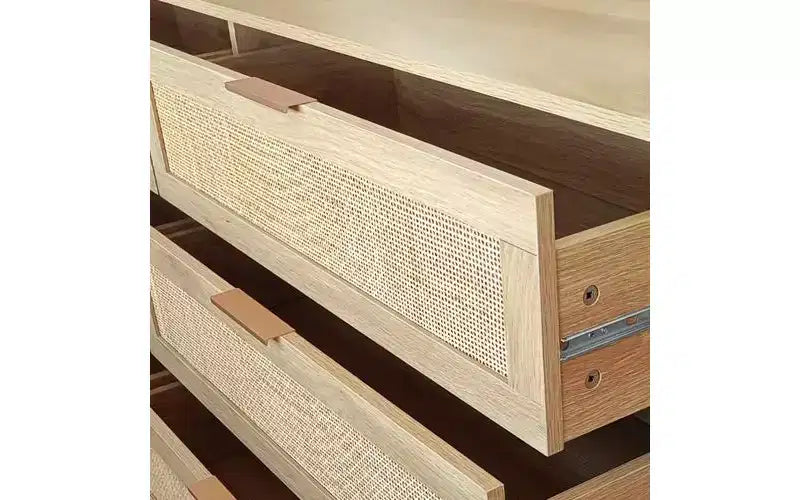 Mobile contenitore in legno da 51.18 pollici con 6 cassetti in rattan naturale, adatto a camere da letto e soggiorni, finitura naturale