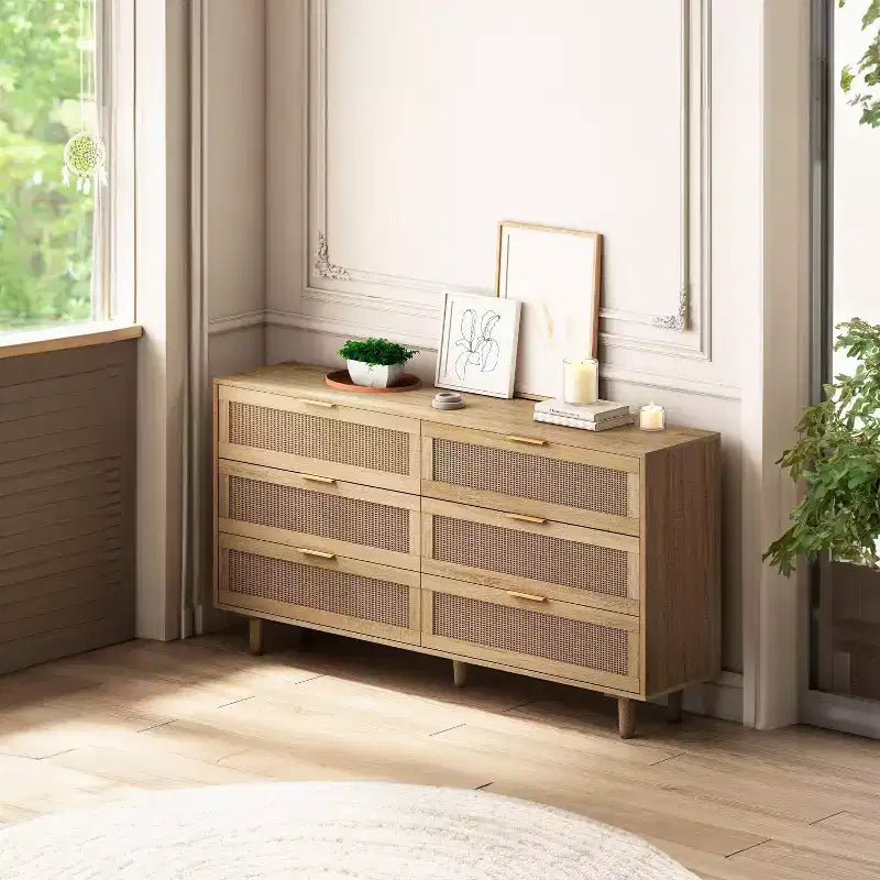 Mobile contenitore in legno da 51.18 pollici con 6 cassetti in rattan naturale, adatto a camere da letto e soggiorni, finitura naturale