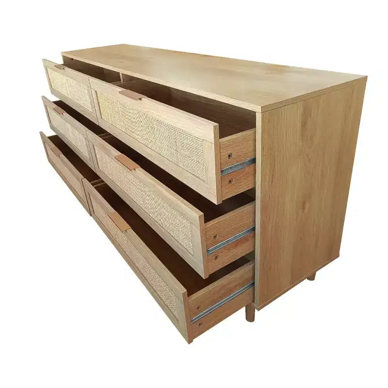 51.18-inch 6-Drawer Wooden Storage Cabinet with Natural Rattan Drawers, Suitable for Bedrooms and Living Rooms, Natural Finish