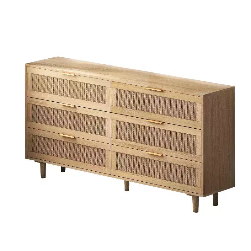 51.18-inch 6-Drawer Wooden Storage Cabinet with Natural Rattan Drawers, Suitable for Bedrooms and Living Rooms, Natural Finish