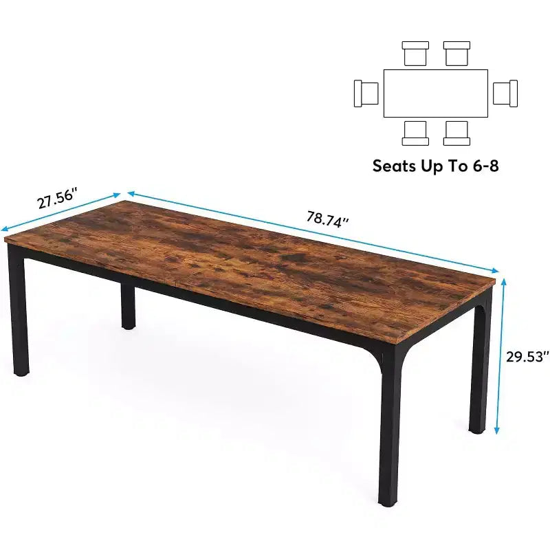 78.7-Inch Long Dining Table for 6-8 People, Industrial Rectangle Wood Dinner Table with Heavy Duty Metal Legs, Rustic Brown, Only Table