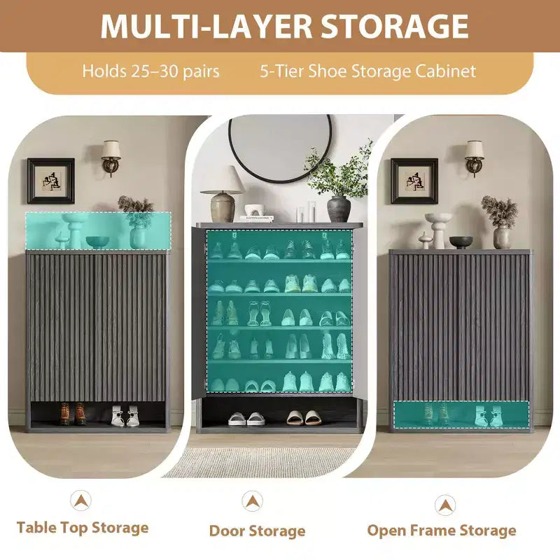 31.5'' Shoe Cabinet, Large Shoe Storage Cabinet with Adjustable Shelves, Wooden Shoe Organizer with Fluted Door for Entryway &amp; Living Room