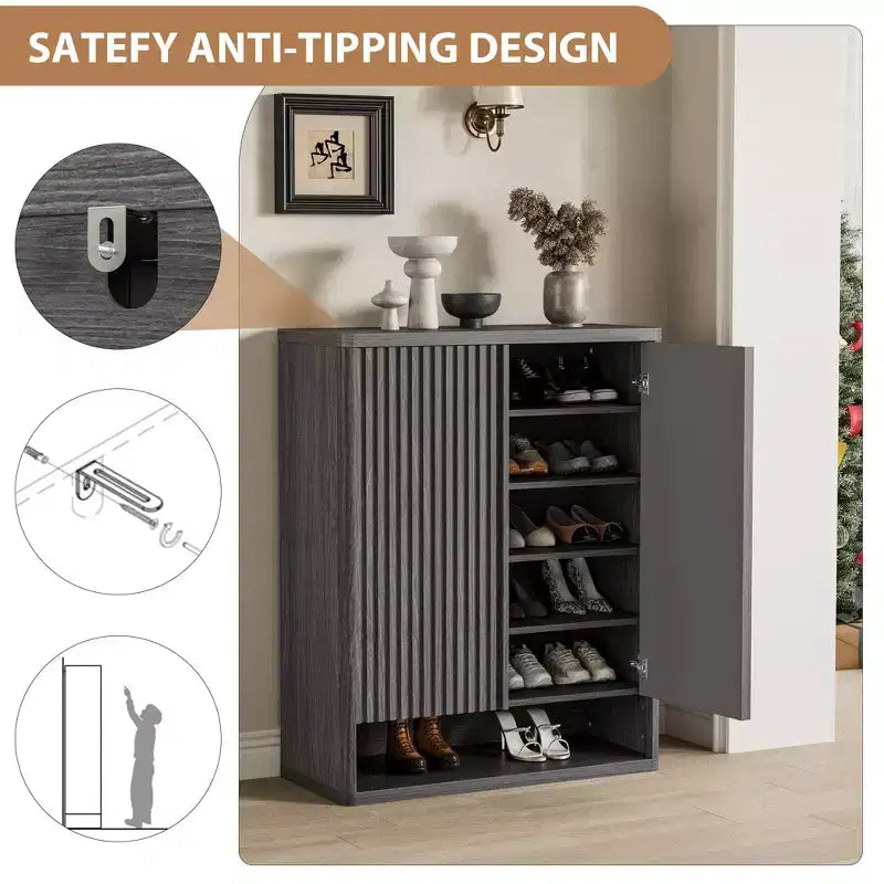 31.5'' Shoe Cabinet, Large Shoe Storage Cabinet with Adjustable Shelves, Wooden Shoe Organizer with Fluted Door for Entryway &amp; Living Room