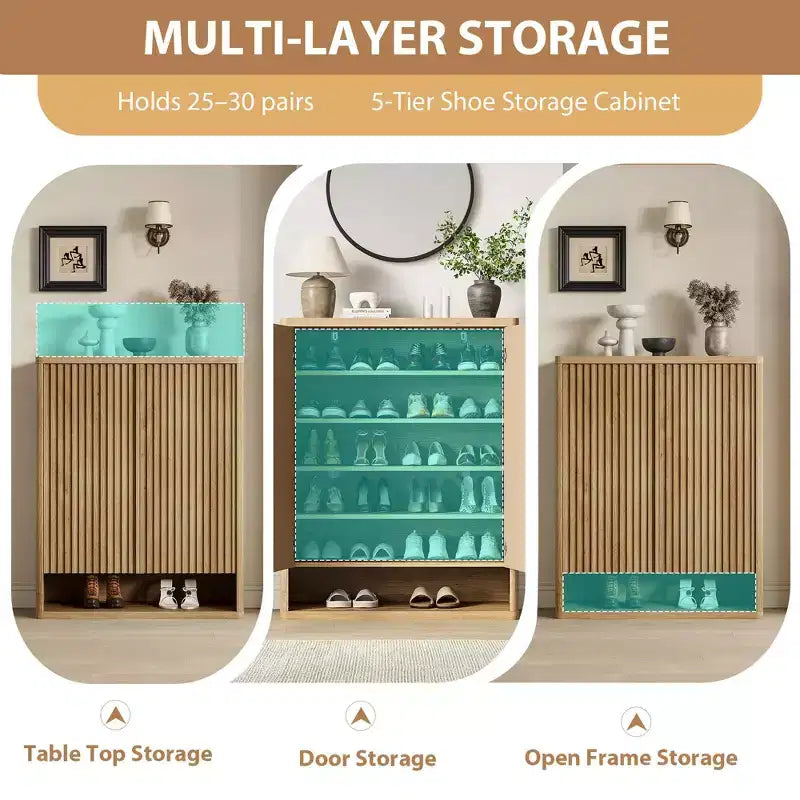 31.5'' Shoe Cabinet, Large Shoe Storage Cabinet with Adjustable Shelves, Wooden Shoe Organizer with Fluted Door for Entryway &amp; Living Room
