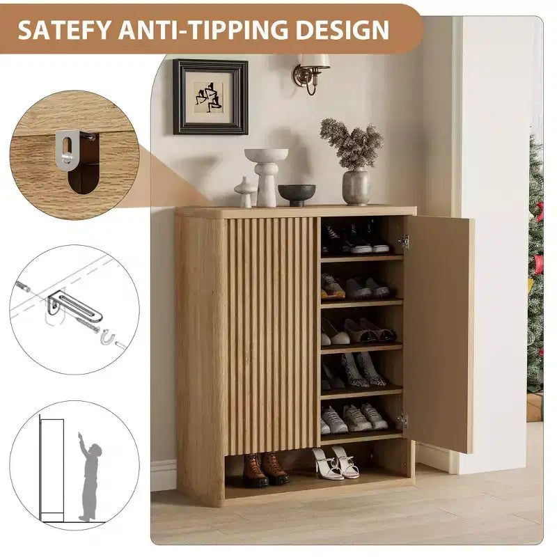 31.5'' Shoe Cabinet, Large Shoe Storage Cabinet with Adjustable Shelves, Wooden Shoe Organizer with Fluted Door for Entryway &amp; Living Room