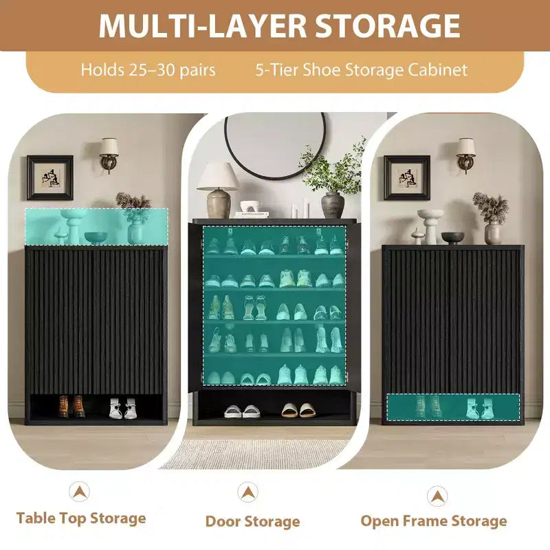 31.5'' Shoe Cabinet, Large Shoe Storage Cabinet with Adjustable Shelves, Wooden Shoe Organizer with Fluted Door for Entryway &amp; Living Room