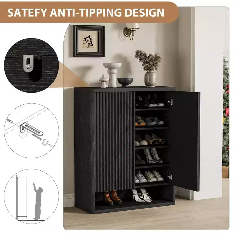 31.5'' Shoe Cabinet, Large Shoe Storage Cabinet with Adjustable Shelves, Wooden Shoe Organizer with Fluted Door for Entryway &amp; Living Room