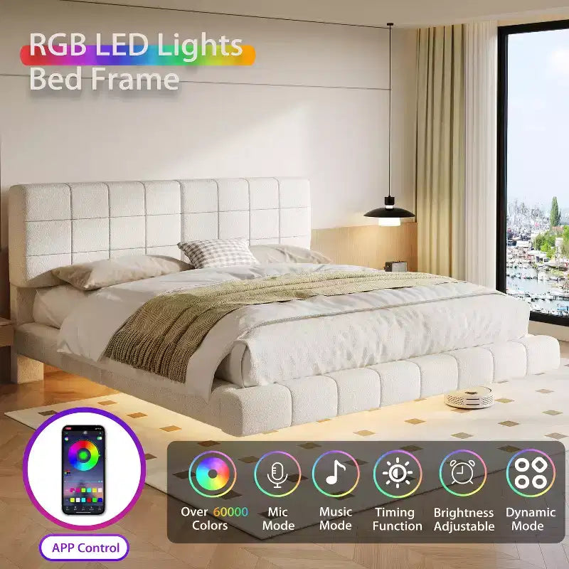 White Boucle Floating Bed Frame with LED Light Strip, Anti-Collision Corners and Easy-Clean Elevated Design for Modern Bedrooms, Queen