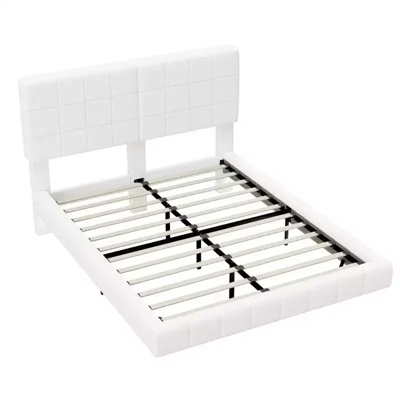 White Boucle Floating Bed Frame with LED Light Strip, Anti-Collision Corners and Easy-Clean Elevated Design for Modern Bedrooms, Queen