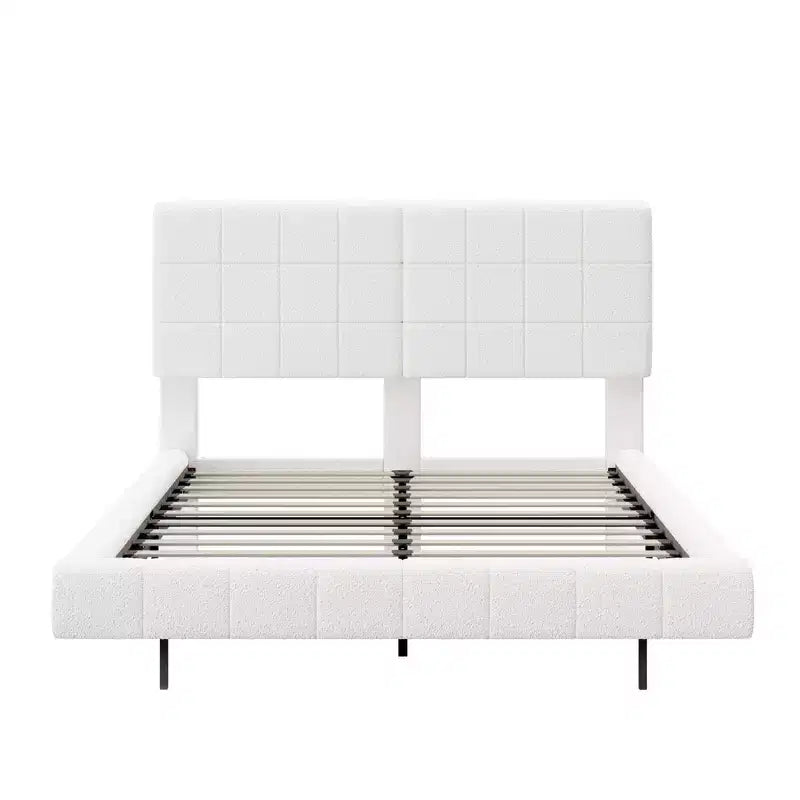 White Boucle Floating Bed Frame with LED Light Strip, Anti-Collision Corners and Easy-Clean Elevated Design for Modern Bedrooms, Queen