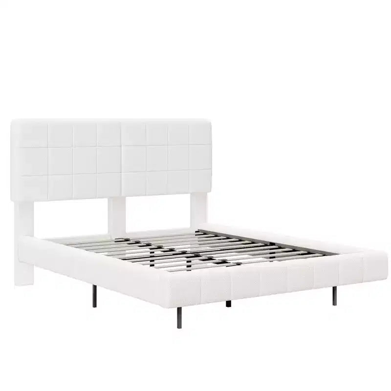 Struttura letto sospesa in bouclé bianco con striscia LED, angoli antiurto e design rialzato facile da pulire per camere da letto moderne, matrimoniale