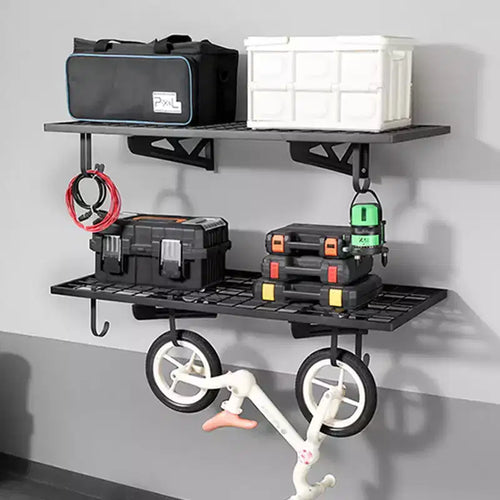 2-Tier Heavy Duty Wall Garage Shelving, 2 x 4 ft Steel Wall Mounted Shelving Unit with Hooks, 24x48 In Floating Storage Metal Rack,500 lbs,Black