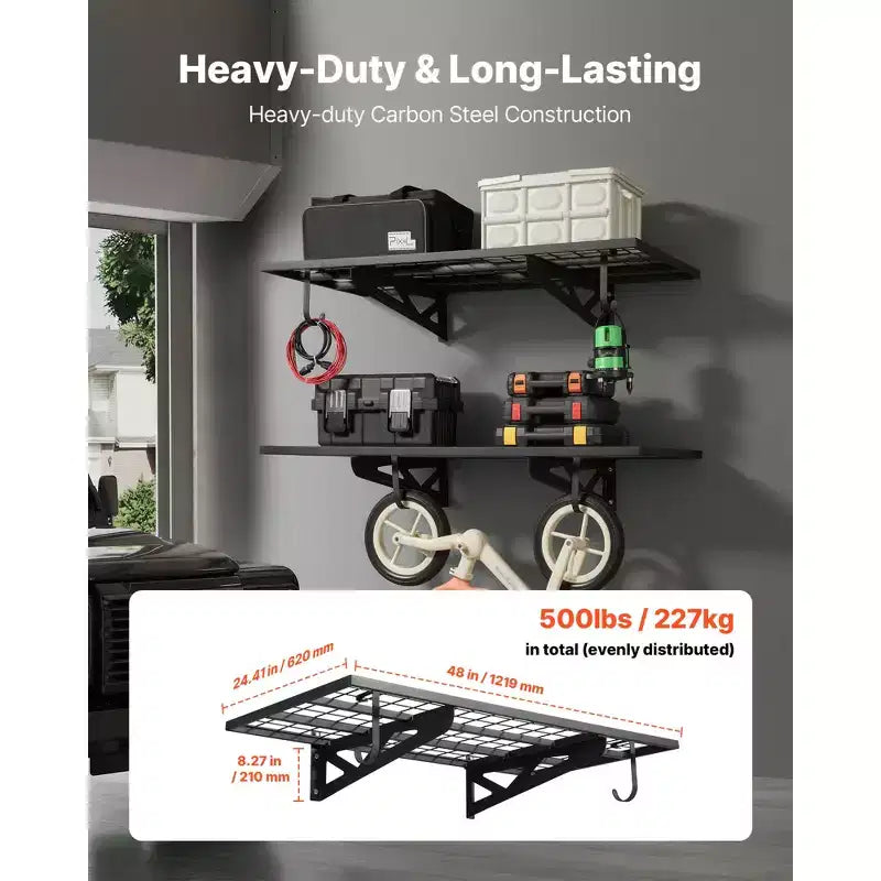 Scaffalatura da parete per garage a 2 livelli, robusta, unità in acciaio da 2 x 4 ft con ganci, scaffale sospeso in metallo da 24x48 In, portata 500 lbs, nero