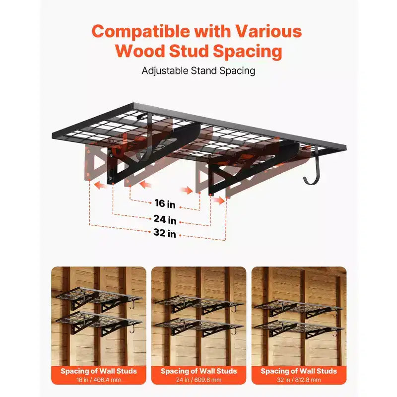 Scaffalatura da parete per garage a 2 livelli, robusta, unità in acciaio da 2 x 4 ft con ganci, scaffale sospeso in metallo da 24x48 In, portata 500 lbs, nero