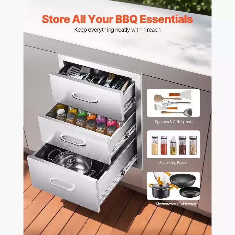 Outdoor Kitchen Drawers 18.11W x 23.23D x 23.23H, Triple-Access Stainless Steel BBQ Drawers with Handles, Silver