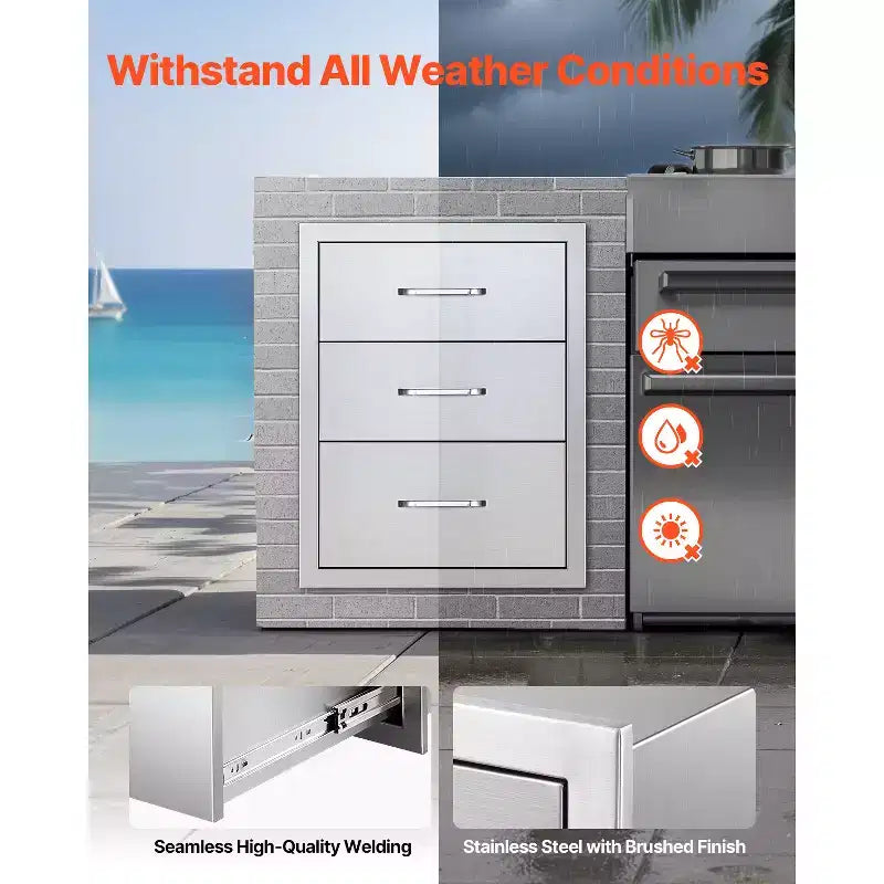 Outdoor Kitchen Drawers 18.11W x 23.23D x 23.23H, Triple-Access Stainless Steel BBQ Drawers with Handles, Silver