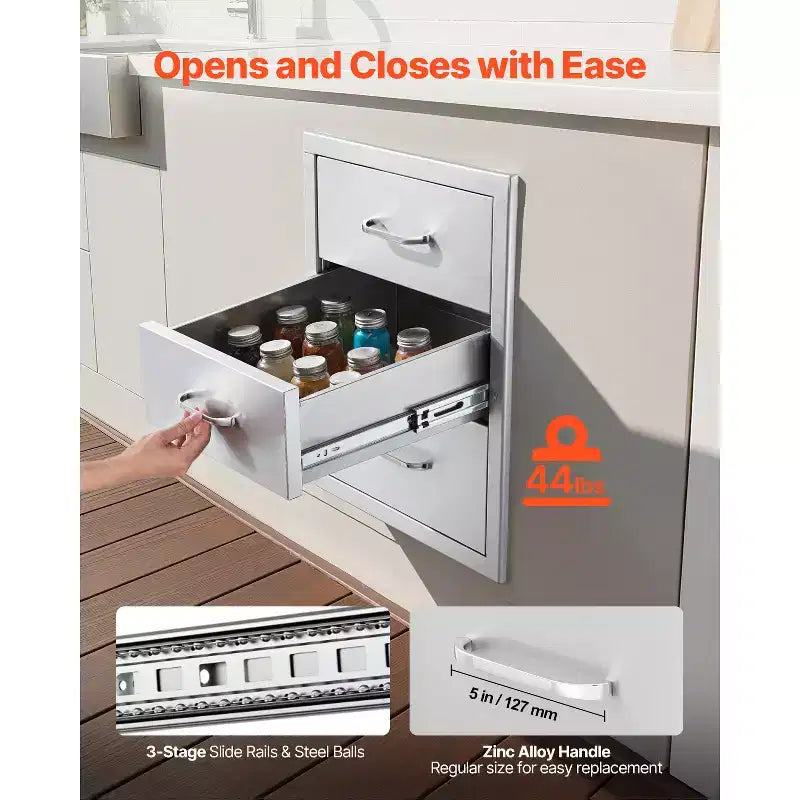 Outdoor Kitchen Drawers 18.11W x 23.23D x 23.23H, Triple-Access Stainless Steel BBQ Drawers with Handles, Silver