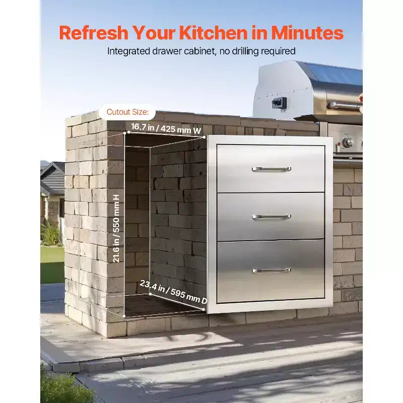 Outdoor Kitchen Drawers 18.11W x 23.23D x 23.23H, Triple-Access Stainless Steel BBQ Drawers with Handles, Silver