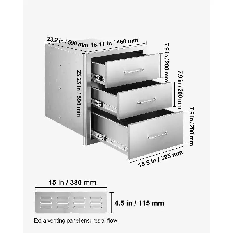 Outdoor Kitchen Drawers 18.11W x 23.23D x 23.23H, Triple-Access Stainless Steel BBQ Drawers with Handles, Silver