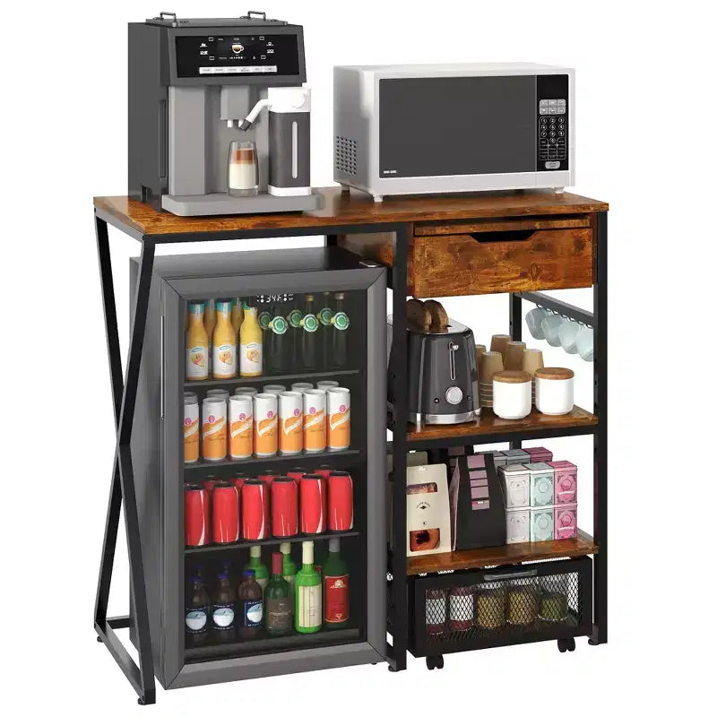 41.7in Mini Fridge Stand with Storage, 3-Tier Microwave Stand &amp; Coffee Bar Organizer with Power Outlet, 160LBS Sturdy