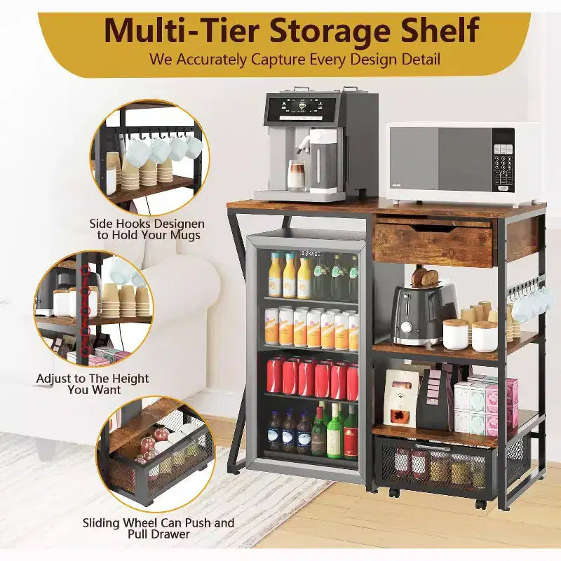 Supporto per mini frigo da 41.7in con contenitore, supporto per microonde a 3 livelli e organizer per angolo caffè con presa di corrente, robusto fino a 160LBS