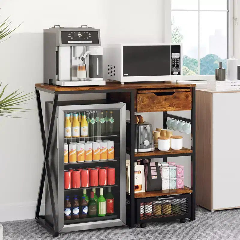 Supporto per mini frigo da 41.7in con contenitore, supporto per microonde a 3 livelli e organizer per angolo caffè con presa di corrente, robusto fino a 160LBS
