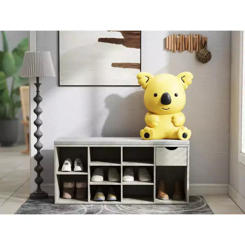 Storage Bench with Cushion, Drawer and 3-Tier Shoe Rack, Entryway Shoe Storage Bench, Gray, 40.9L