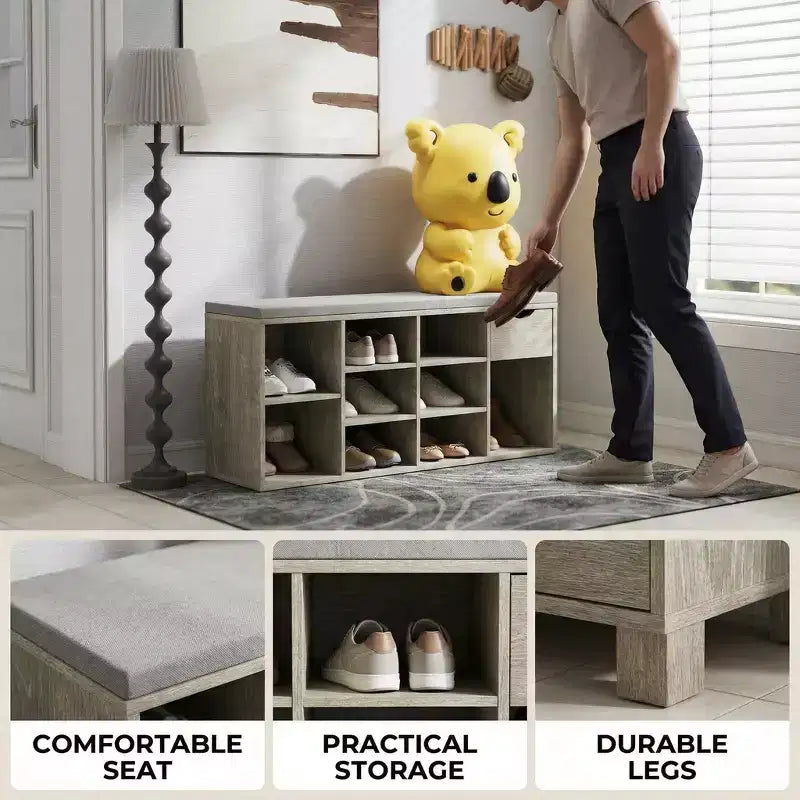 Storage Bench with Cushion, Drawer and 3-Tier Shoe Rack, Entryway Shoe Storage Bench, Gray, 40.9L