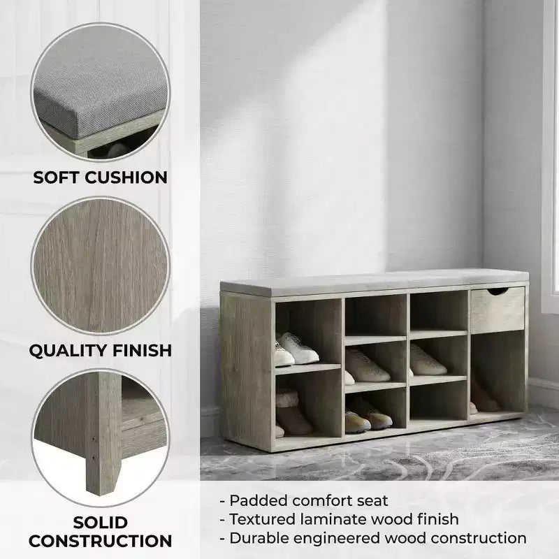 Storage Bench with Cushion, Drawer and 3-Tier Shoe Rack, Entryway Shoe Storage Bench, Gray, 40.9L