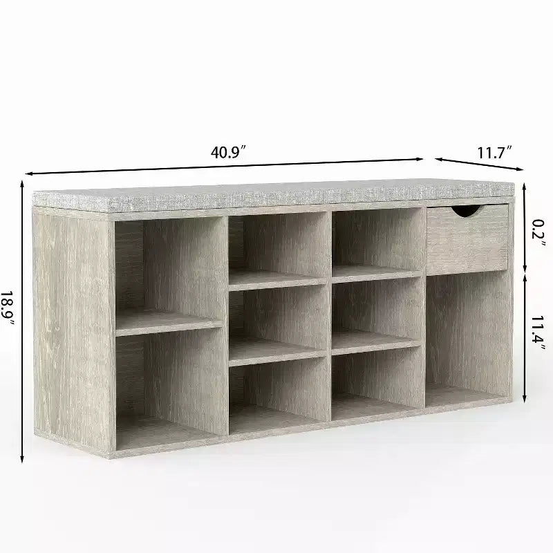 Storage Bench with Cushion, Drawer and 3-Tier Shoe Rack, Entryway Shoe Storage Bench, Gray, 40.9L