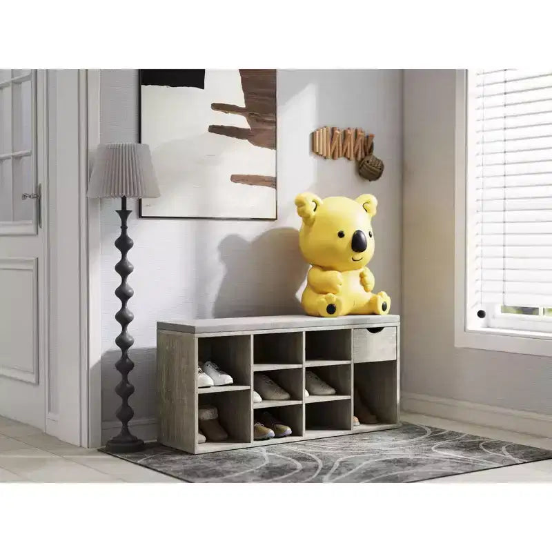 Storage Bench with Cushion, Drawer and 3-Tier Shoe Rack, Entryway Shoe Storage Bench, Gray, 40.9L