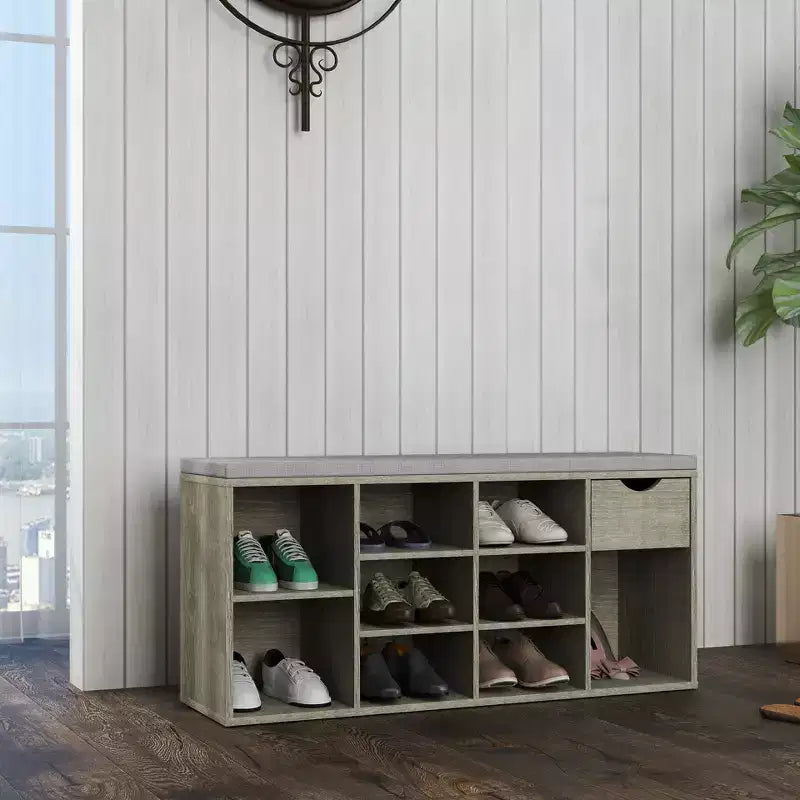 Storage Bench with Cushion, Drawer and 3-Tier Shoe Rack, Entryway Shoe Storage Bench, Gray, 40.9L