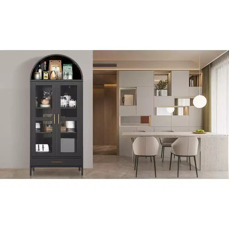 73 Arched Metal Storage Cabinet w/Glass Doors and Drawers, Tall Pantry Display Cabinet w/Adjustable Shelves
