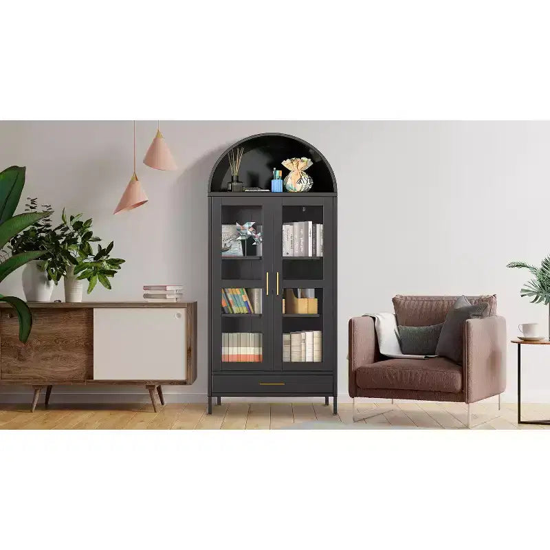 73 Arched Metal Storage Cabinet w/Glass Doors and Drawers, Tall Pantry Display Cabinet w/Adjustable Shelves